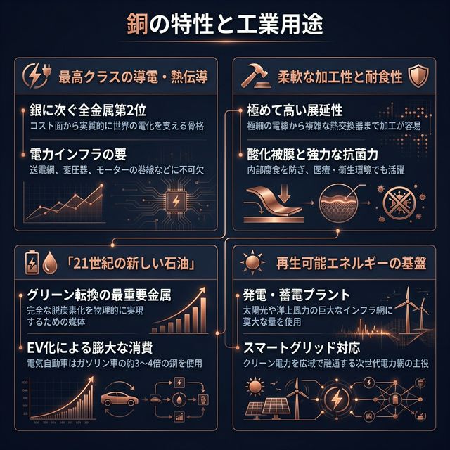 銅の物理特性・工業用途イメージ