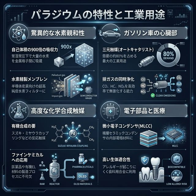 パラジウムの物理特性・工業用途イメージ